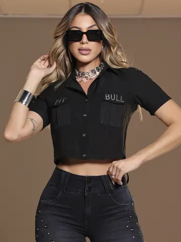 Camisa Cropped Sofisticada e Casual com Bordado de Strass Pit Bull Jeans