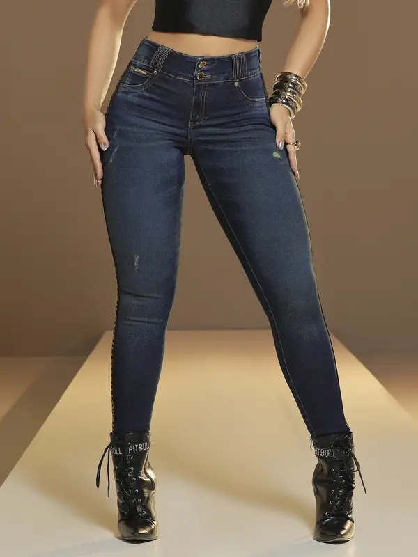 Calça Skinny Escura e Sofisticada com Lateral Personalizada Pit Bull Jeans