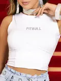 Regata Feminina Pit Bull Jeans Sofisticada e Confortável com Escrita Brilhosa