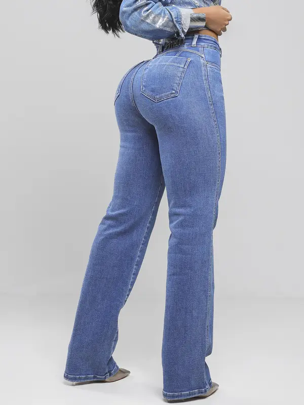 Calça Wide Leg Feminina Modeladora Lavado Medio Pit Bull Jeans