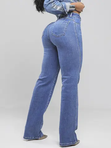 Calça Wide Leg Feminina Modeladora Lavado Medio Pit Bull Jeans