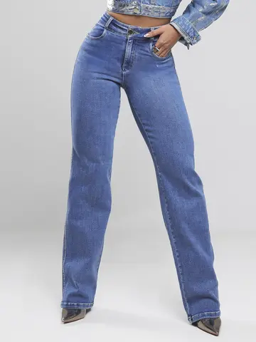 Calça Wide Leg Feminina Modeladora Lavado Medio Pit Bull Jeans