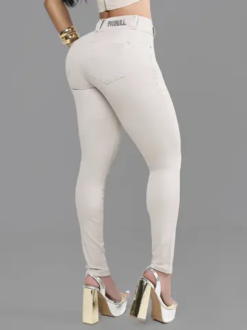 Calça Skinny Feminina Caqui Claro com Empina Bumbum Pit Bull Jeans