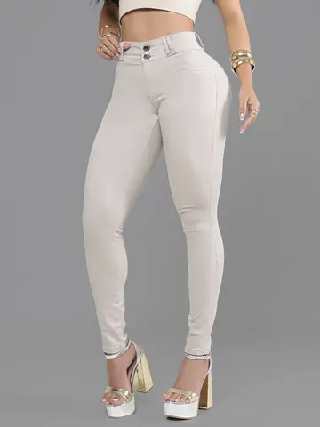 Calça Skinny Feminina Caqui Claro com Empina Bumbum Pit Bull Jeans