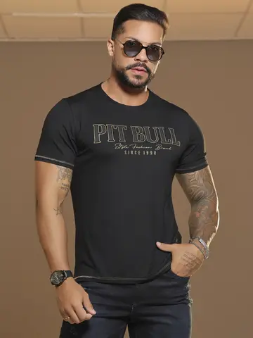 Camiseta Masculina Preta Estilosa com Estampa em Relevo Pit Bull Jeans