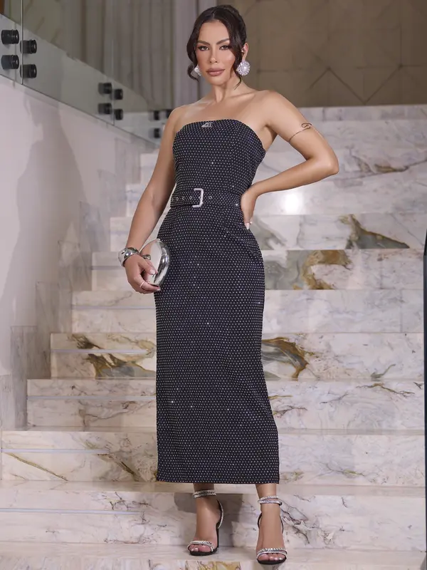 Vestido Midi Conceito Pit Bull Jeans Elegante e Refinado com Cinto e Fenda nas Costas