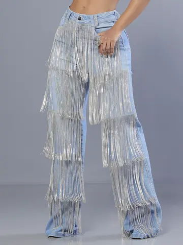 Calça Wide Leg Super Conceito e Fashion com Franjas de Strass Pit Bull Jeans