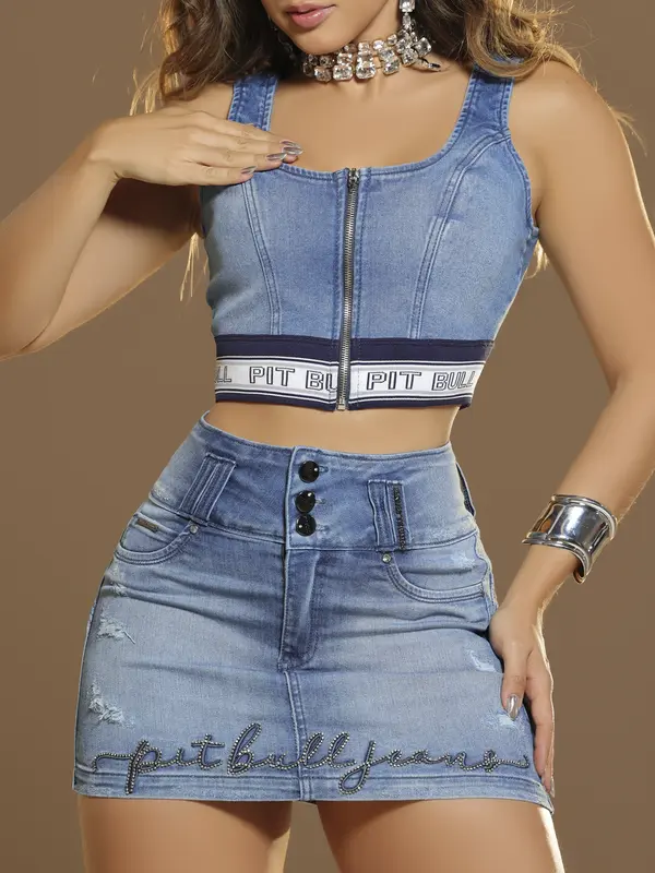 Minissaia Modeladora e Autêntica com Bordado de Strass Pit Bull Jeans