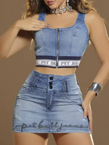 Minissaia Modeladora e Autêntica com Bordado de Strass Pit Bull Jeans