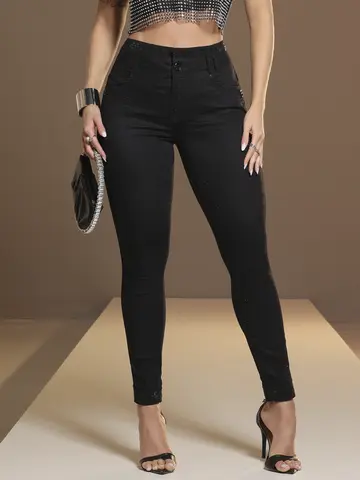 Calça Preta Modeladora e Sofisticada com Toque de Brilho e Elástico Personalizado Pit Bull Jeans