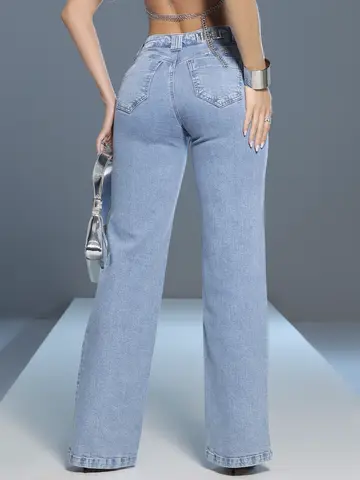Calça Wide Leg Cintura Alta Fashion e Elegante com Escrita Brilhosa Pit Bull Jeans