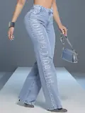 Calça Wide Leg Cintura Alta Fashion e Elegante com Escrita Brilhosa Pit Bull Jeans