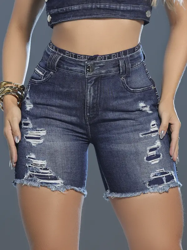 Bermuda Meia Coxa com Estilo Destroyed e Elástico Personalizado Pit Bull Jeans