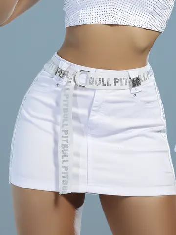 Minissaia Branca Fahion com Cinto e Lateral Personalizada Pit Bull Jeans