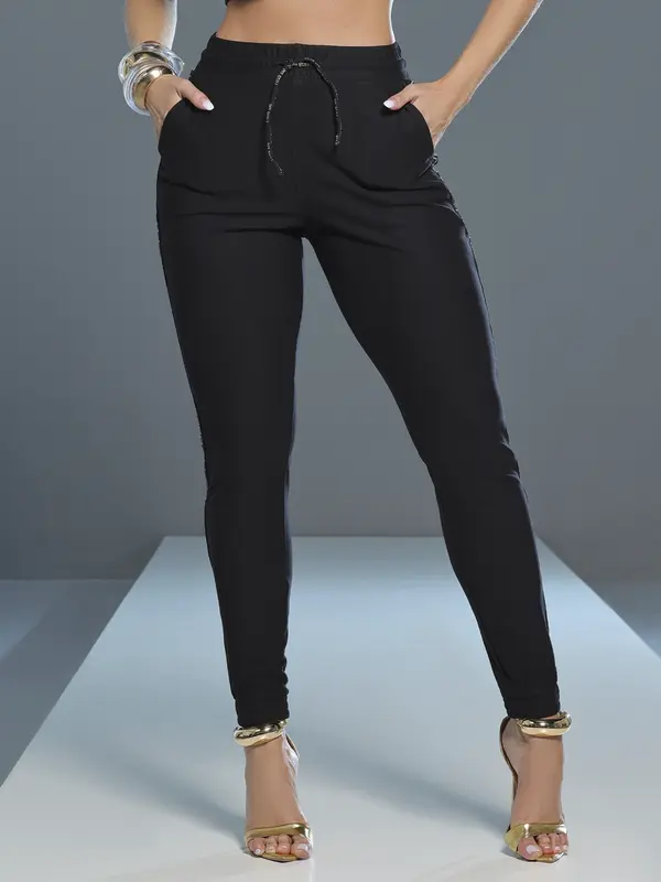 Calça Jogger Preta Confortável e Estilosa com Elástico Lateral Pit Bull Jeans