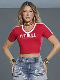 Cropped Vermelho com Gola V Fashion e Casual Pit Bull Jeans