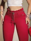 Calça Clochard Vermelha Modeladora com Cinto de Strass Pit Bull Jeans