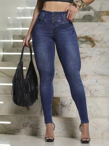 Calça Skinny Cós Largo Modelador e Estiloso com Lavado Escuro Pit Bull Jeans