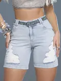 Bermuda Jeans Casual com Cinto de Strass e Detalhes Destroyed Pit Bull Jeans