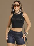 Regata Cropped Casual e Confortável com Relevo em Foil Pit Bull Jeans