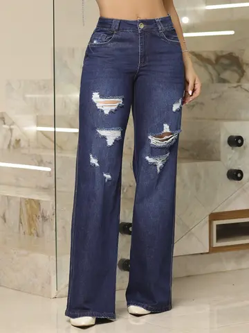 Calça Wide Leg Estilosa e Refinada com Detalhes Destroyed Pit Bull Jeans