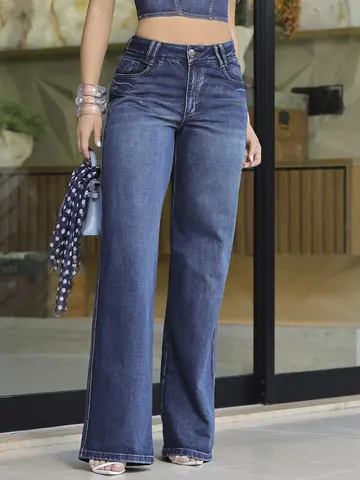 Calça Wide Leg Pit Bull Jeans Sofisticada e Casual com Lavado Escuro