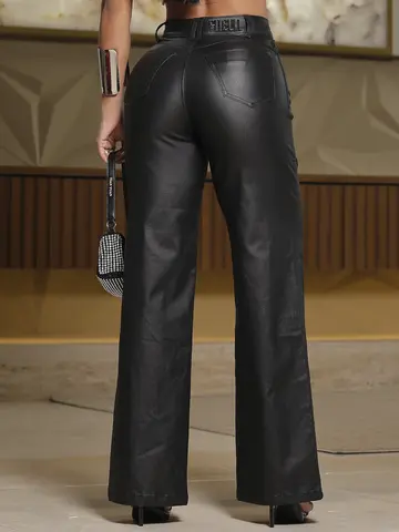 Calça Wide Leg Preta Resinada Pit Bull Jeans Estilosa e Sofisticada