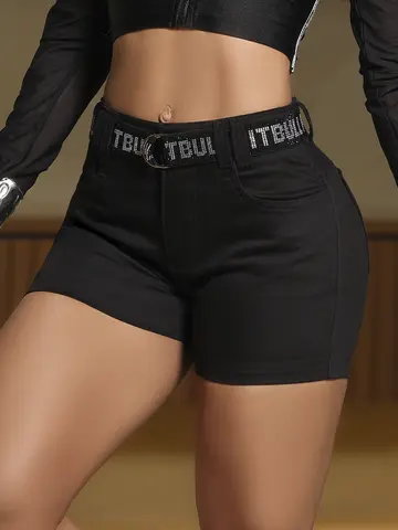 Short Hot Pants Preto Estiloso e Casual com Cinto Personalizado Pit Bull Jeans