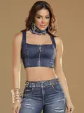 Top Cropped Jeans Casual e Sofisticado com Lavado Escuro Pit Bull Jeans