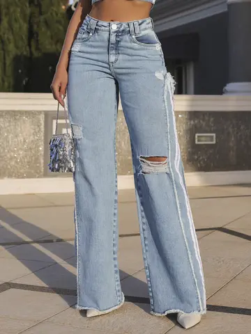 Calça Wide Leg Sofisticada com Estilo Destroyed e Lateral Personalizada Pit Bull Jeans