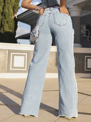 Calça Wide Leg Sofisticada com Estilo Destroyed e Lateral Personalizada Pit Bull Jeans