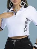 Polo Cropped Autêntica e Refinada com Escrita Lateral Pit Bull Jeans