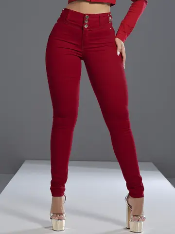 Calça Skinny Cós Largo Vermelha Pit Bull Jeans Confortável e Estilosa