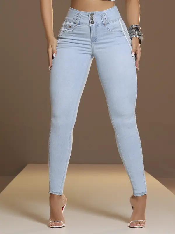 Calça Skinny Cós Largo Modeladora com Detalhes Laterais de Strass Pit Bull Jeans