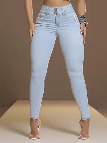 Calça Skinny Cós Largo Modeladora com Detalhes Laterais de Strass Pit Bull Jeans
