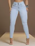 Calça Skinny Cós Largo Modeladora com Detalhes Laterais de Strass Pit Bull Jeans