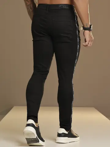Calça Masculina Preta Estilosa e Casual com Detalhe Lateral Pit Bull Jeans