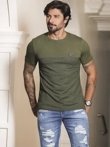 Camiseta Masculina Gola O Verde Casual e Sofisticada Pit Bull Jeans