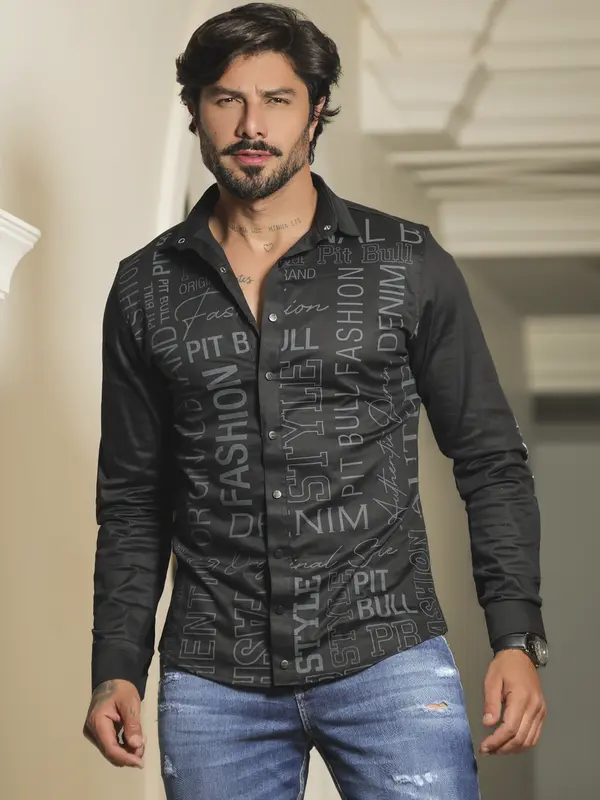 Camisa Preta Masculina Manga Longa Estilosa