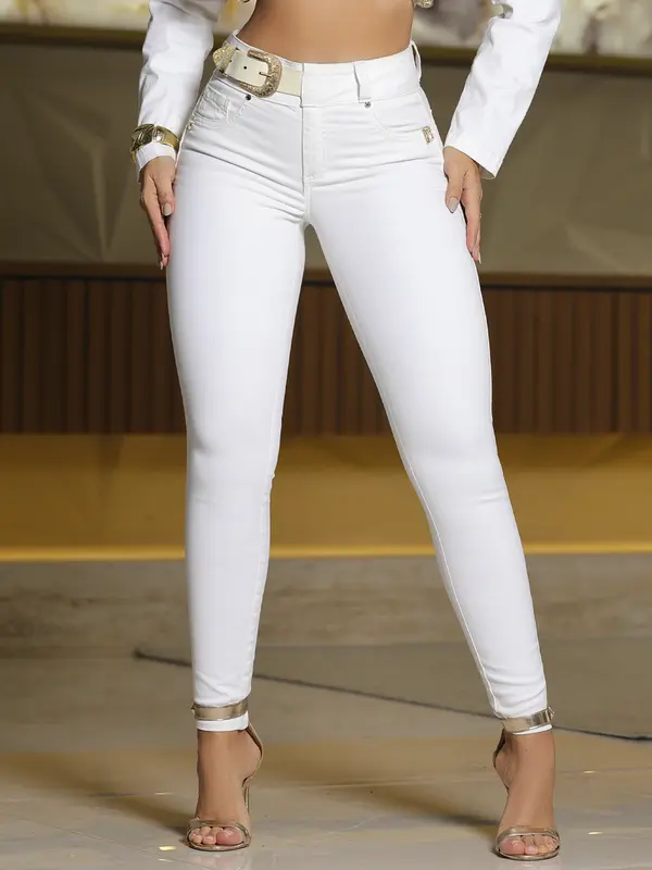 Calça Skinny Cós Largo Branca Modeladora e Sofisticada com Cinto Pit Bull Jeans