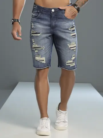 Bermuda Masculina Sofisticada com Lavado Médio e Estilo Destroyed Pit Bull Jeans