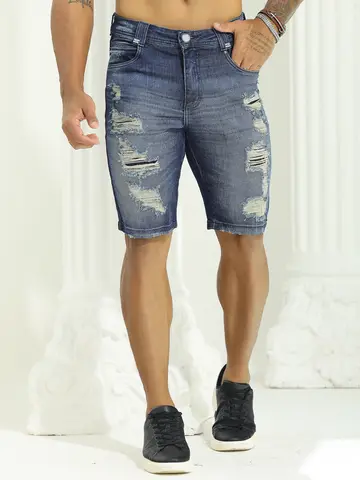 Bermuda Masculina Sofisticada com Lavado Médio e Estilo Destroyed Pit Bull Jeans