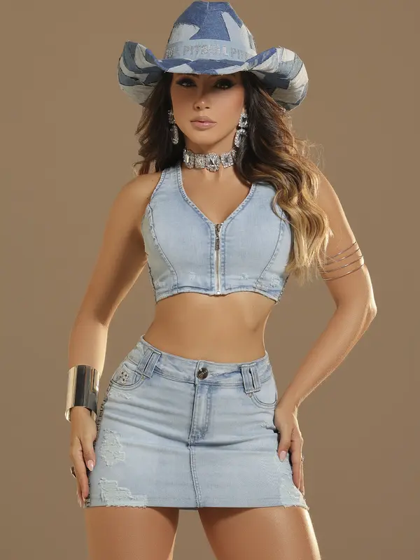 Cropped Jeans Claro Estiloso com Laterais Personalizadas Pit Bull Jeans