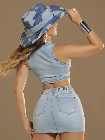 Cropped Jeans Claro Estiloso com Laterais Personalizadas Pit Bull Jeans