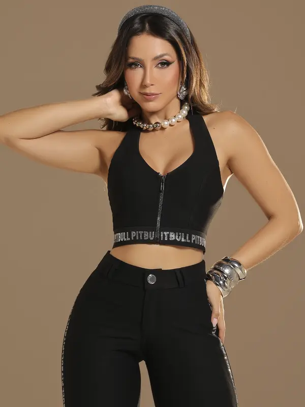 Cropped Preto Casual e Refinado com Elástico Personalizado Pit Bull Jeans