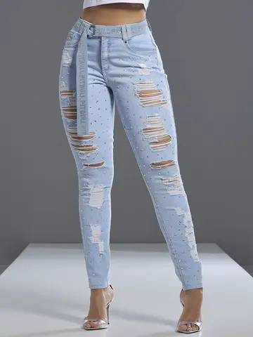 Calça Boyfriend Autêntica com Pedrarias e Cinto Personalizado Pit Bull Jeans