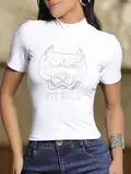 T-shirt Feminina com Strass e Estampa Metalizada Pit Bull Jeans