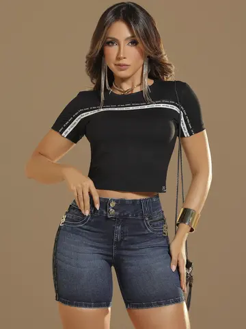 Bermuda Jeans Estilosa e Modeladora com Lateral Personalizada Pit Bull Jeans