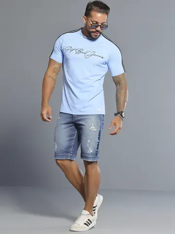 Camiseta Gola O Masculina Azul com Relevo Foil e Detalhe nos Ombros Pit Bull Jeans