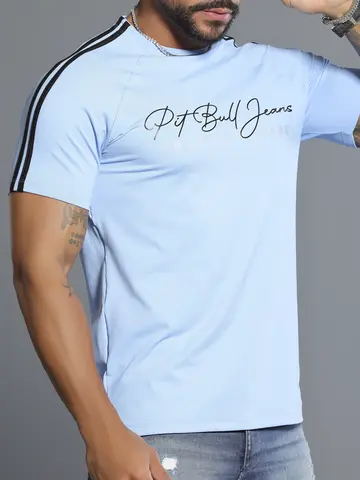 Camiseta Gola O Masculina Azul com Relevo Foil e Detalhe nos Ombros Pit Bull Jeans